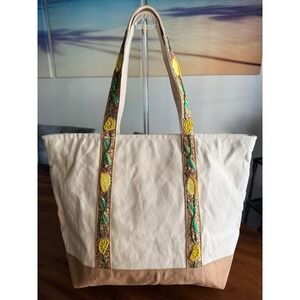 America & Beyond Lemon Beaded Handles Cream Canvas Tote Bag Yellow Tan Green NWT